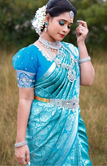 sky blue pattu saree for wedding